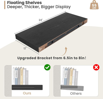 Heimlove 24 x 12 Inch Deep Floating Shelves Wall Mounted with Invisible Brackets,Storage Hanging