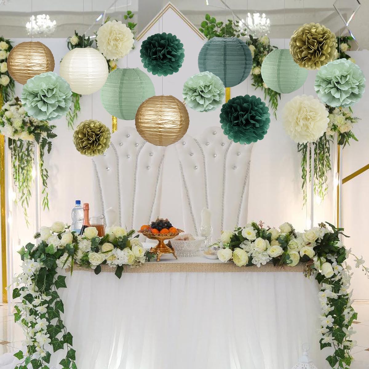 zilue Sage Green Party Decorations, Sage Green Paper Lanterns and Pom Poms Flowers for Birthday