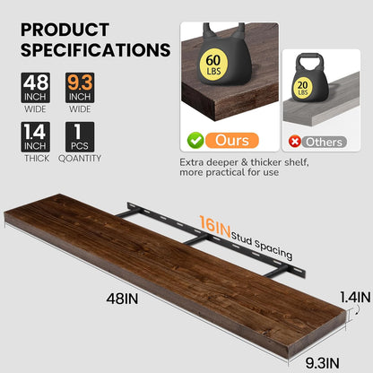 Fun Memories Floating Shelves for Wall, 48"x9.3" Rustic Solid Elm Wood Wall Shelves, Heavy-Duty