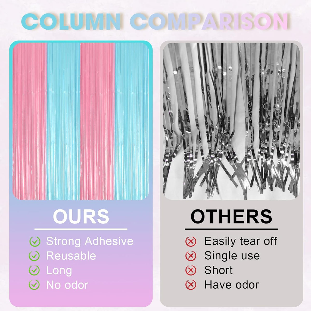 3 Pack 3.3 x 8.2 ft Pastel Blue and Pink Foil Fringe Backdrop Curtains, Tinsel Streamers Party