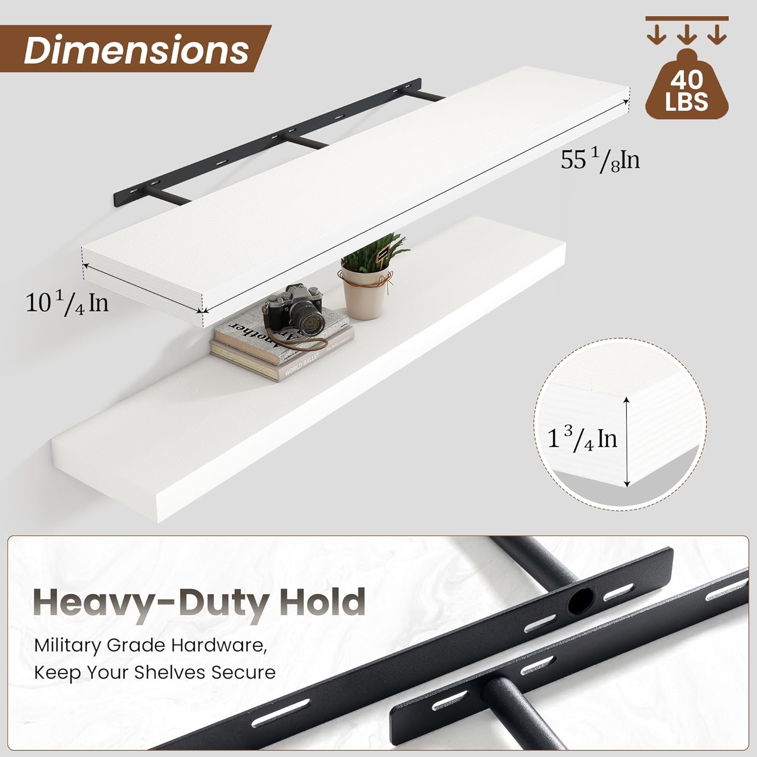 Heimlove 55 Inch Floating Shelves for Wall,10 Deep 10 Deep Large White Wall Shelf with Heavy Duty
