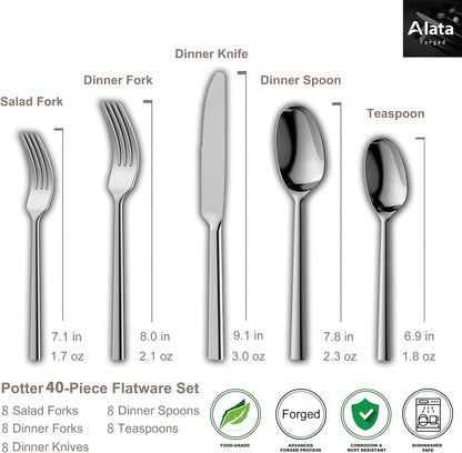 Alata Potter 40-Piece Forged Silverware Set Stainless Steel Flatware Set Cutlery Set, Service for