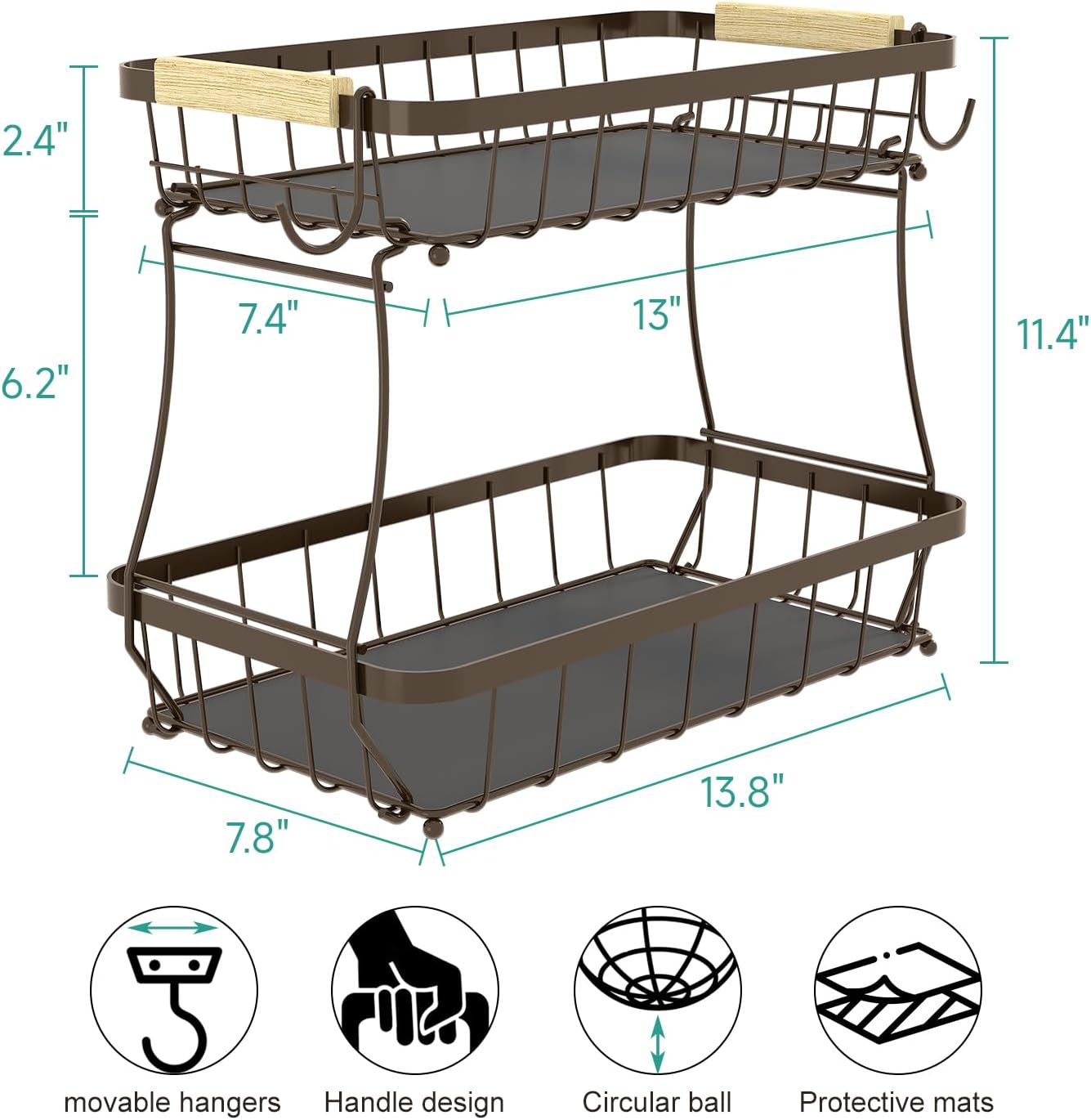 2 Tier Fruit Basket for Kitchen Counter with 2 Banana Hangers, 2025 Pro Detachable Metal Fruit Bowl