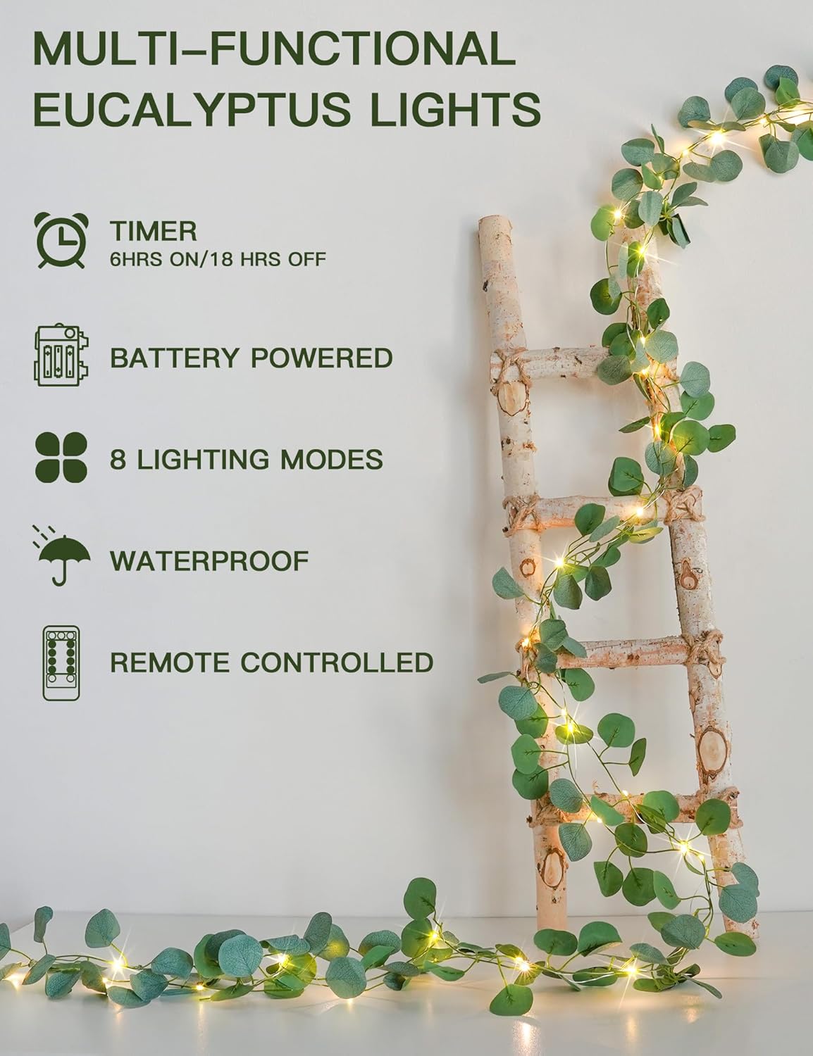 suddus Vines with Lights Battery Operated, 33ft 100 LED Eucalyptus Garland String Lights with