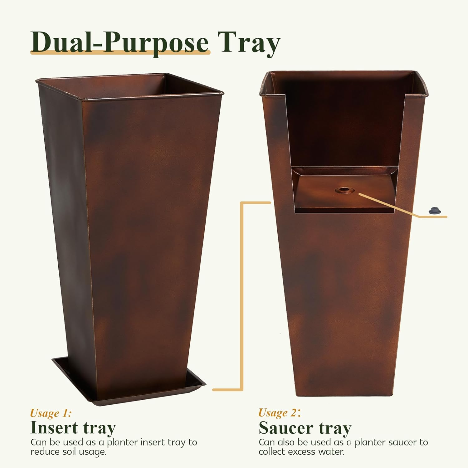 WORTH Garden 12" Dia x 25" H Large Metal Planter Set of 2, Matte Bronze Retro Finish Tall Square