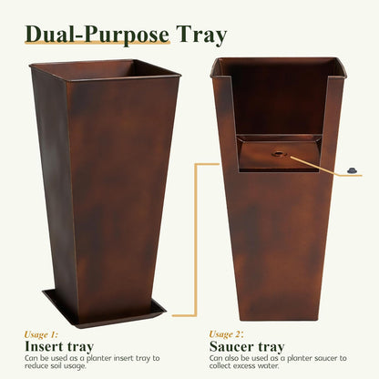 Worth Garden 12" Dia x 28" H Large Metal Planter Set of 2, Matte Bronze Retro Finish Tall Square