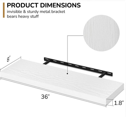 Fun Memories 36 Inch Floating Shelves - Deep Rustic White Wooden Wall Shelves - Extra Deeper &