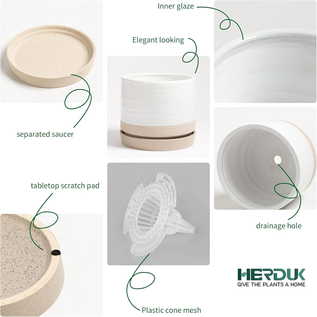 6 Inch Plant Pots, Ceramic Planter Pot with Drainage Hole & Saucer, Indoor/Outdoor Cylinder Round