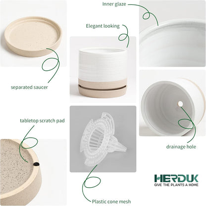 6 Inch Plant Pots, Ceramic Planter Pot with Drainage Hole & Saucer, Indoor/Outdoor Cylinder Round