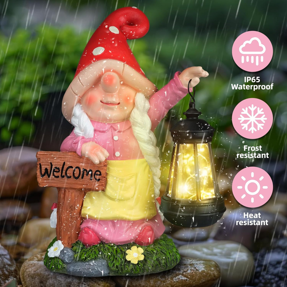 Solar Garden Gnome Statue Holding LED Lantern with Welcome Sign Outdoor Ornaments Waterproof
