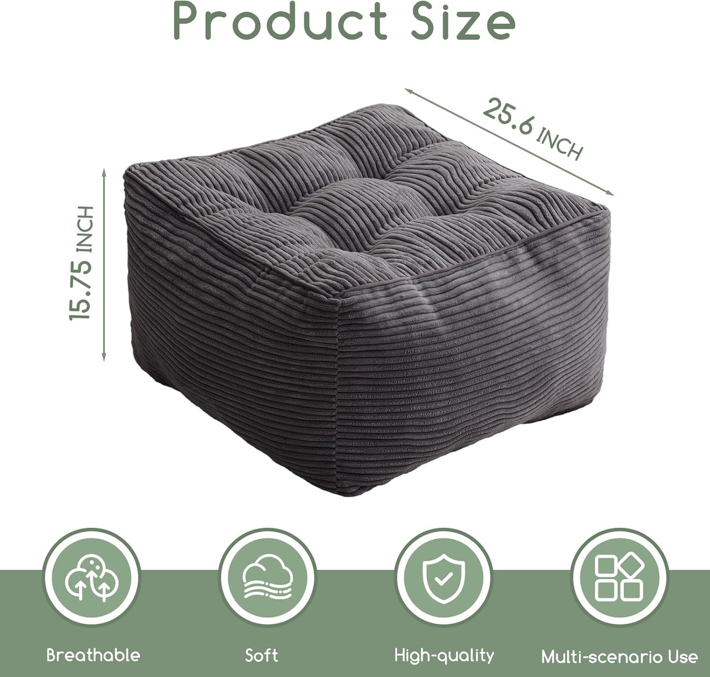 HIGOGOGO Square Stuffed Pouf Ottoman, Corduroy Poufs with Foam Chunk Filling, Furry and Fluffy Pouf