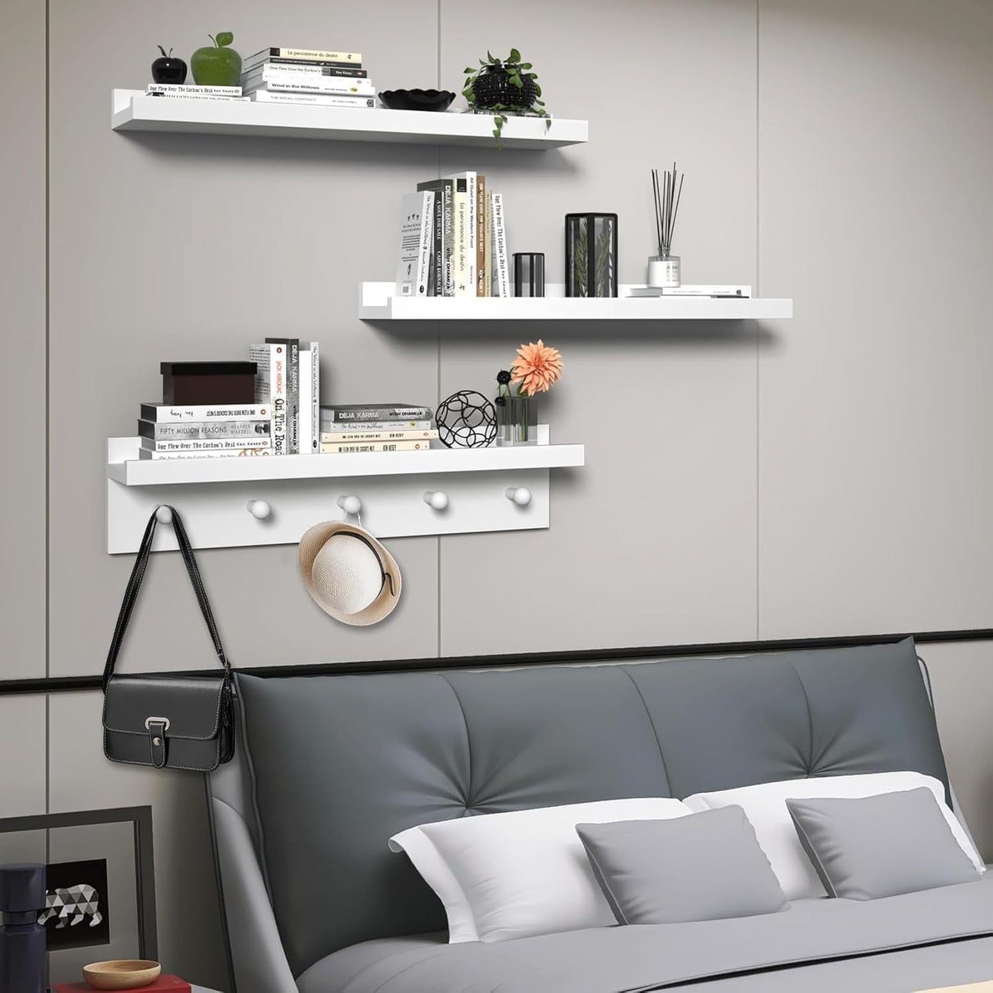 MBYD Picture Shelf Ledge, 24 Inch Floating Shelves for Wall, Nursery Book Shelves with Hooks Set of
