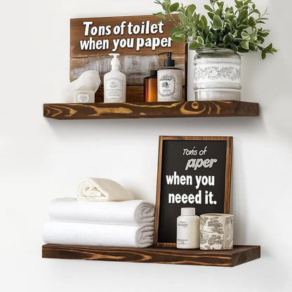 Floating Wall Shelves - 16"x6.8"x1.2" Sturdy Rustic Brown Solid Wood Shelves for Storage and Décor