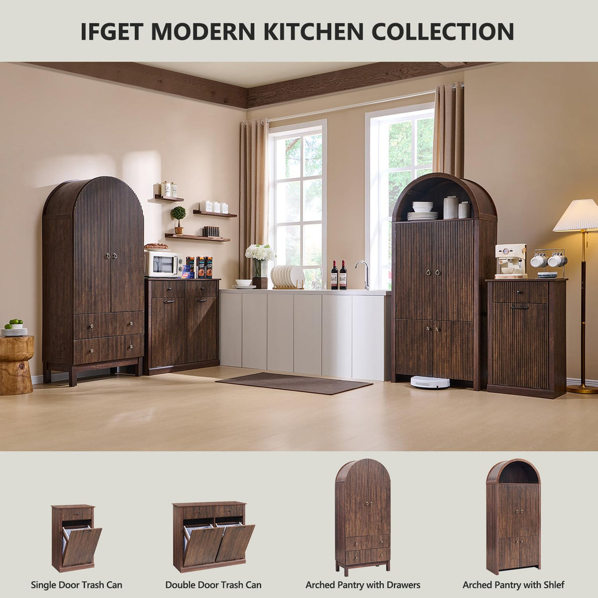 Modern Tilt-Out Trash Can Cabinet, 10 Gallon Fluted Laundry Hamper Cabinet with Drawers, Wooden