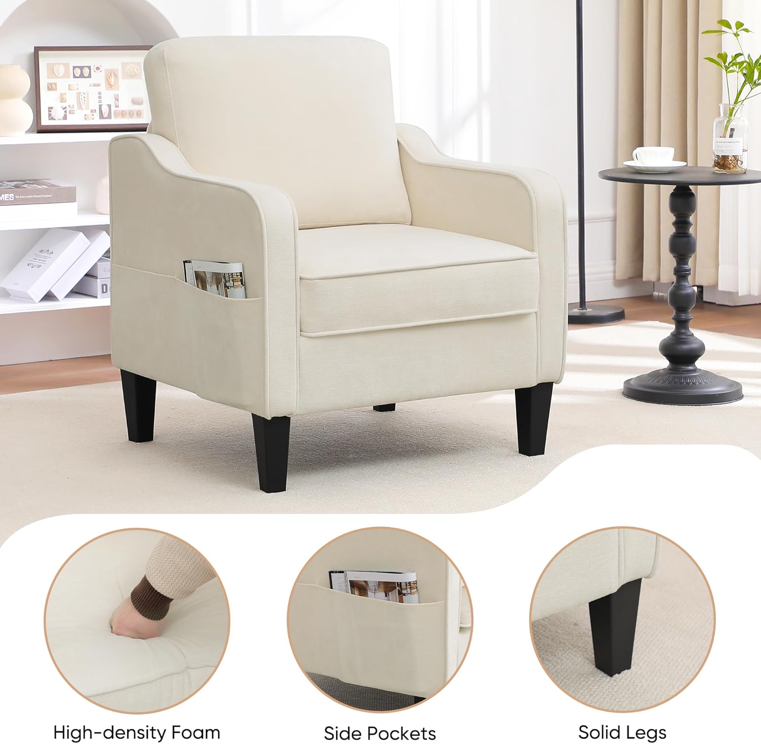 Accent Chairs Set of 2, Upholstered Living Room Chairs with Side Pockets, Mid Century Modern