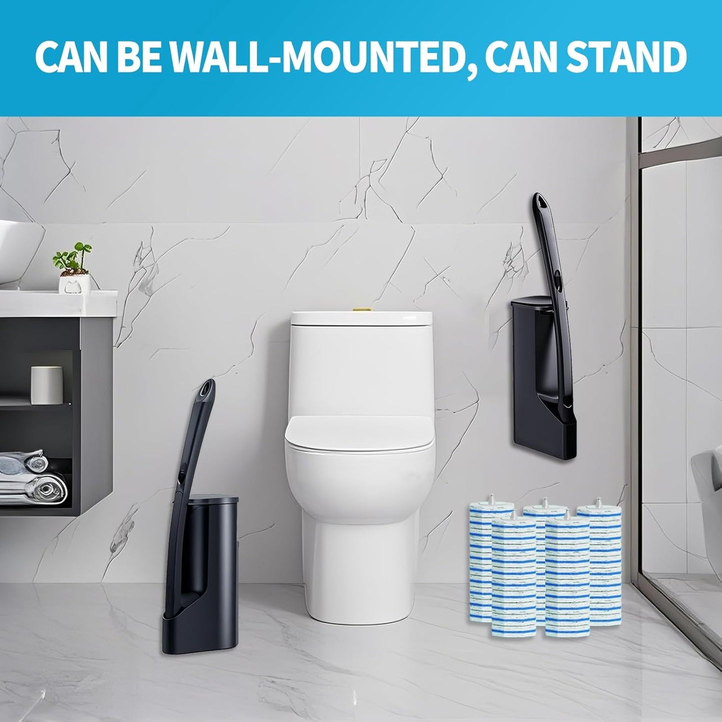 Disposable Toilet Brush with 50 Wand Cleaner Refills Pads，Wall Mounted Toilet Bowl Holder