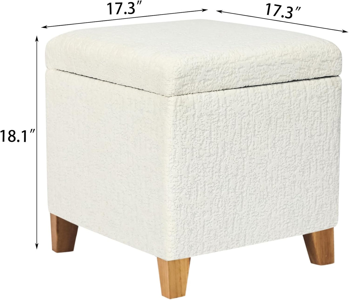 Adeco 18 Inch High Faux Fur White Cube Ottoman Storage, 3D Embossed Velvet Chair Foot Stools