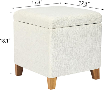 Adeco 18 Inch High Faux Fur White Cube Ottoman Storage, 3D Embossed Velvet Chair Foot Stools