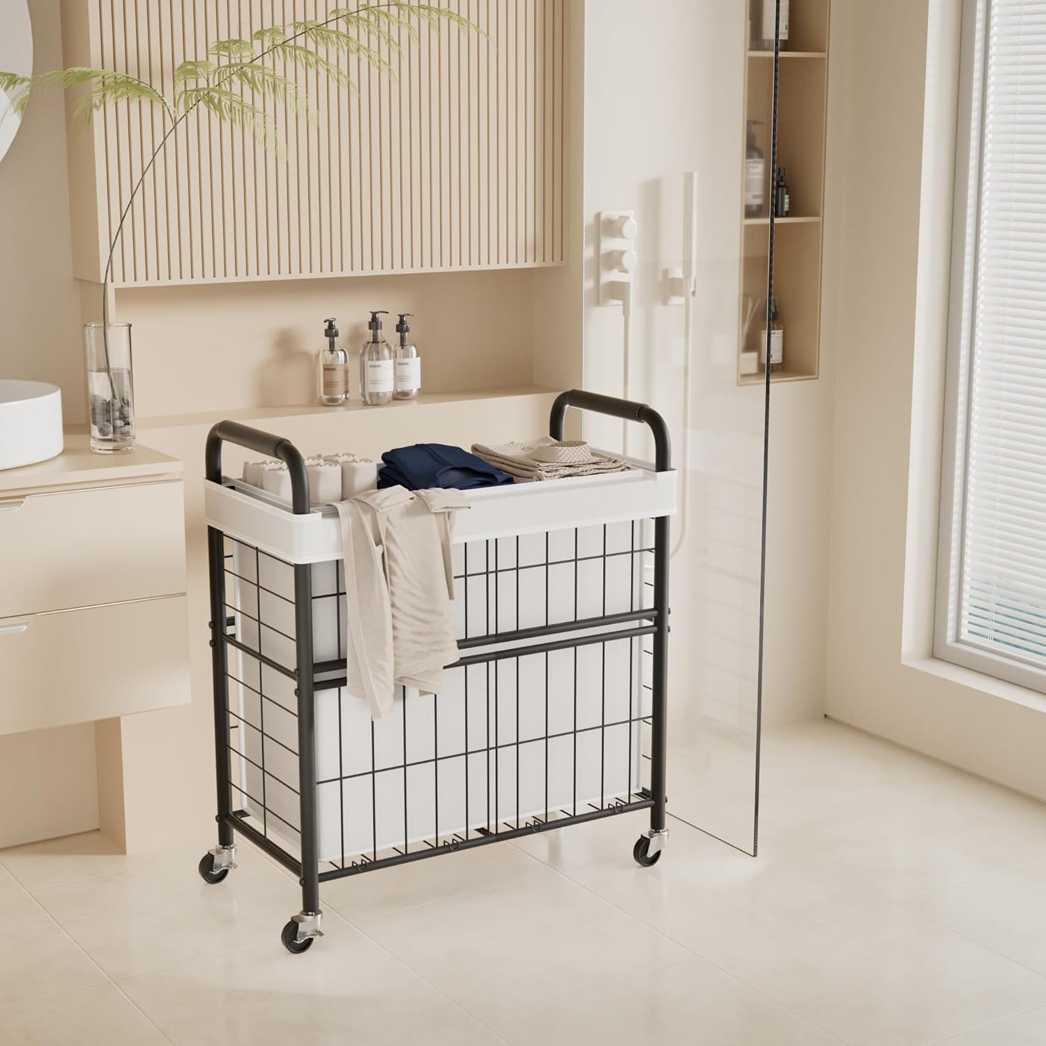 Laundry Hamper 3 Section, 145L Rolling Laundry Sorter Basket with Wheels, 3 Compartment Clothes