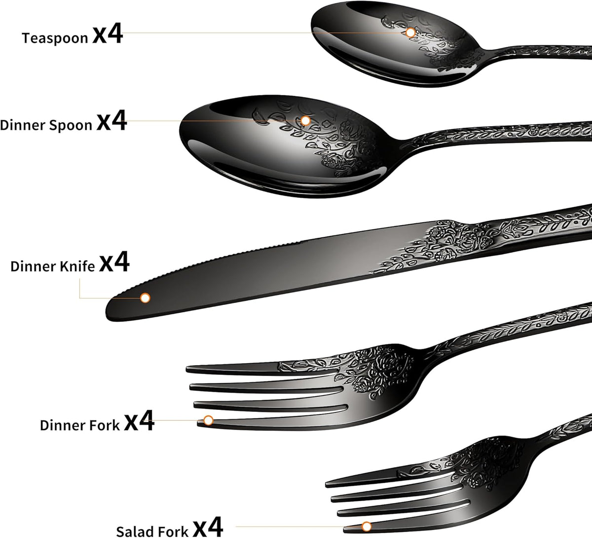 Floral 20 Pcs Black Silverware Set for 4, Food Grade Stainless Steel Flatware Set with Rose Flower
