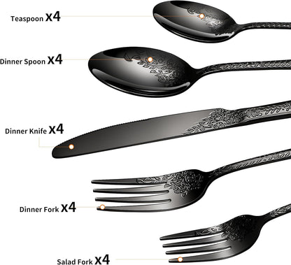 Floral 20 Pcs Black Silverware Set for 4, Food Grade Stainless Steel Flatware Set with Rose Flower