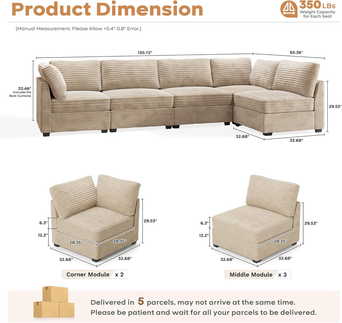 ovios Sectional Sofa Couch with L-Shape Chaise Oversized, Comfy Modular Cloud Couches with Deep