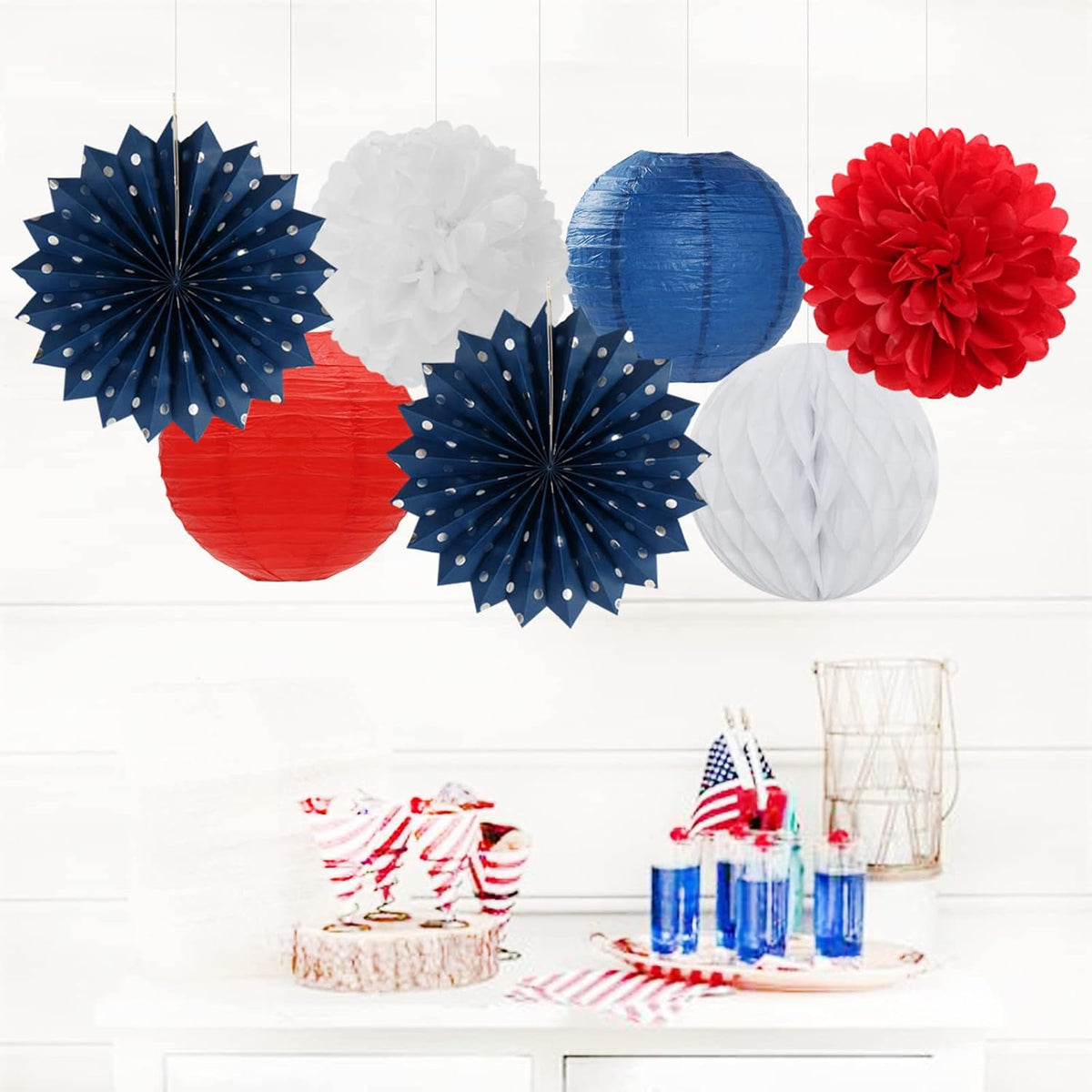 Fourth-4th of July-Imemorial Party-Decorations Lanterns - 14pcs Red White Blue Graduation Paper