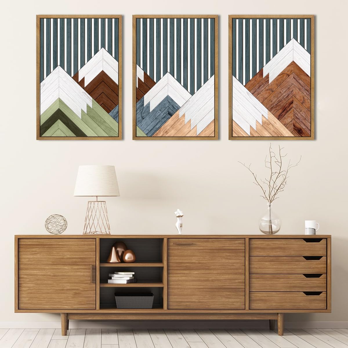 DRACIT Large Woodcut Mountain Wall Art Set Abstract Boho Forest Wood Wall Decor Nature Blue Art