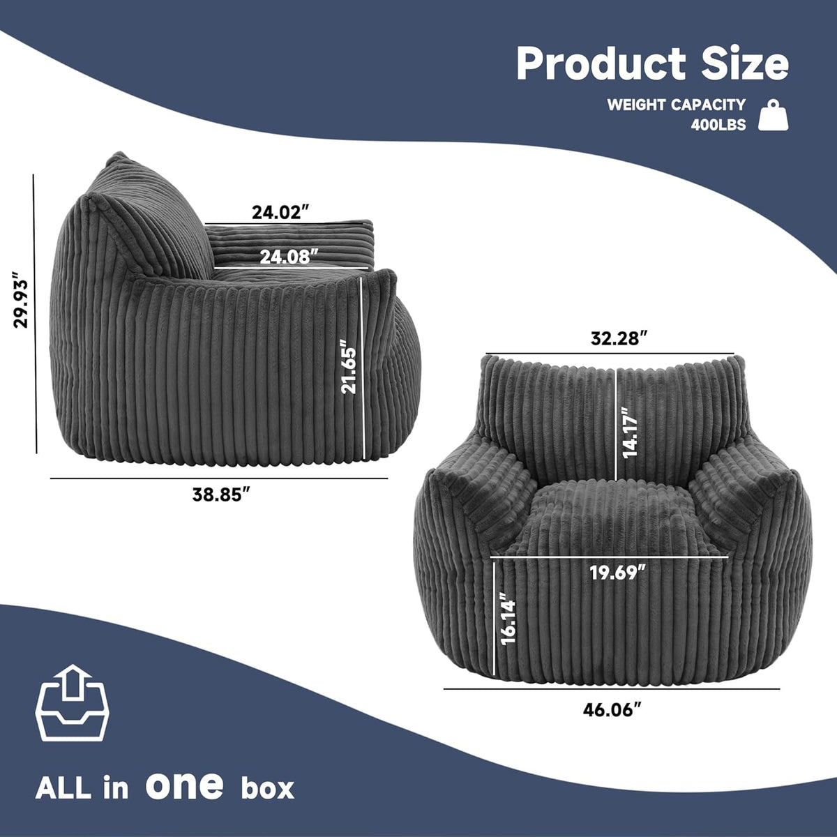 Oversized Bean Bag Chair for Adults, Giant Comfy Plush Boneless Bean Bag Couch with Filler for Kids