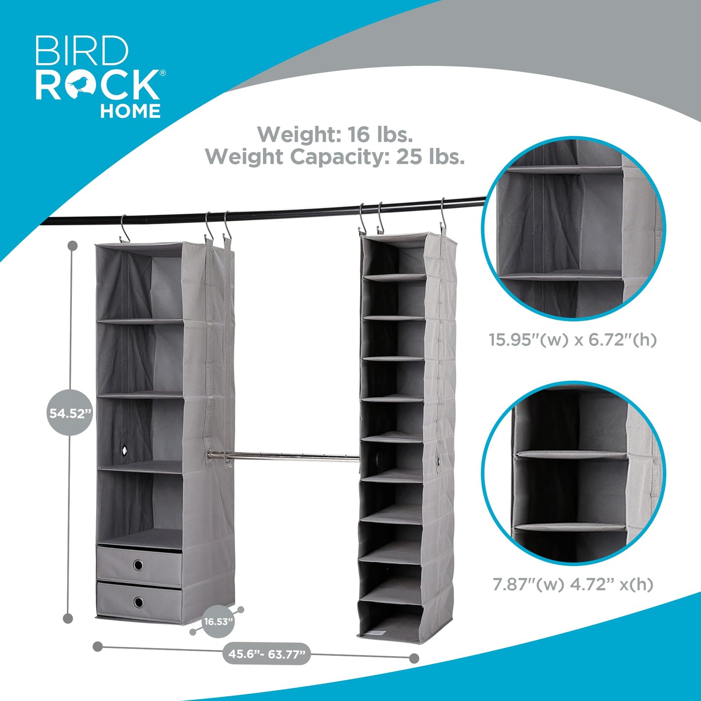 BIRDROCK HOME 5pc Hanging Closet Organizer System with Storage Shelves - Grey - Shoe Clothing