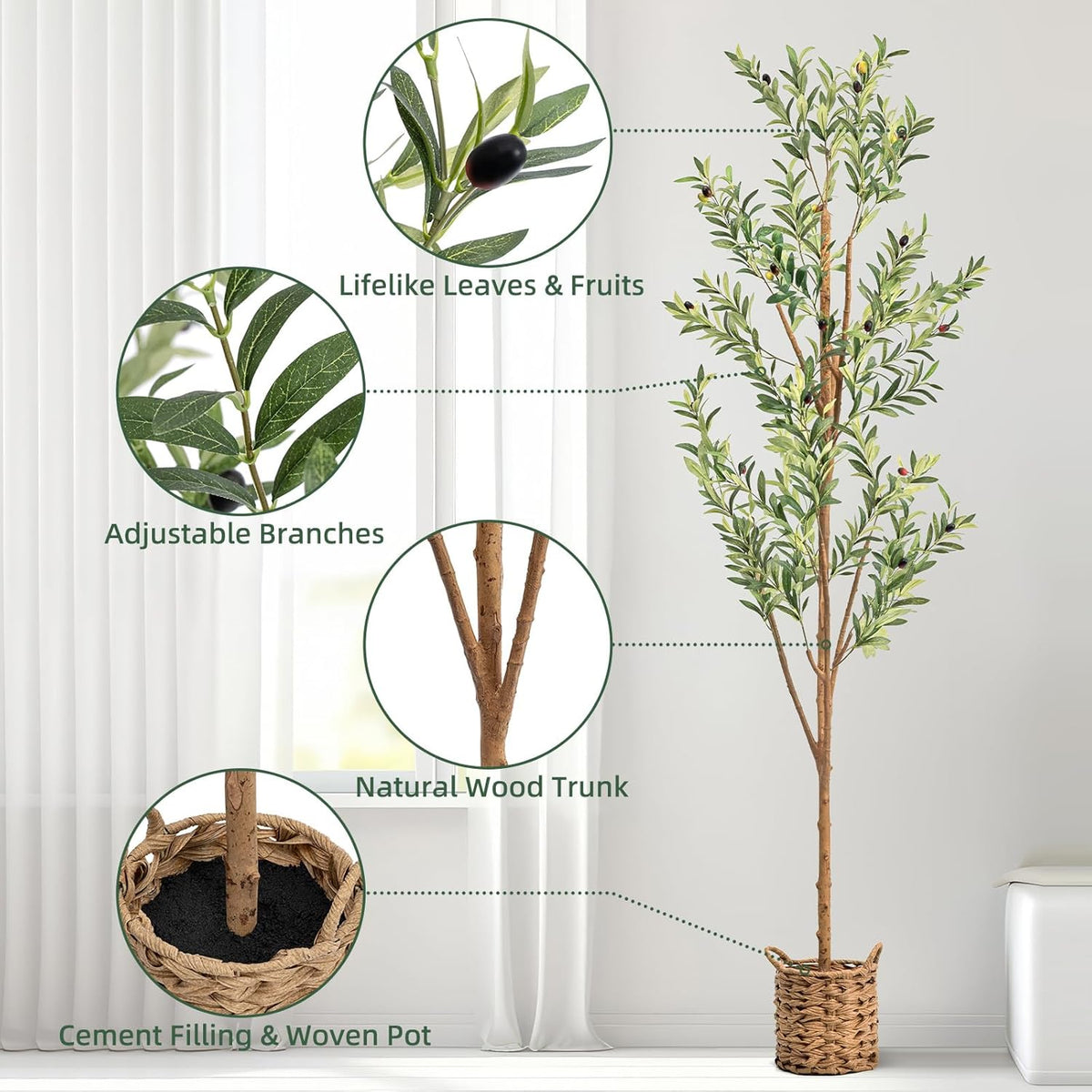 6ft Artificial Olive Tree with LED Fairy Lights, Tall Faux Potted Plant with Woven Basket - Natural