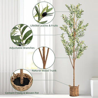 6ft Artificial Olive Tree with LED Fairy Lights, Tall Faux Potted Plant with Woven Basket - Natural