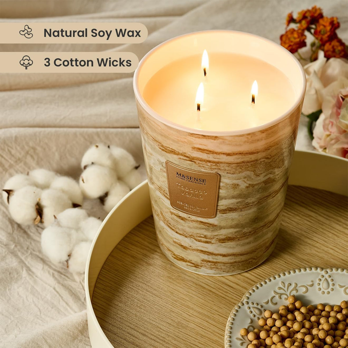 M&SENSE TobaccoVanilla Scented Candles for Home, 3-Wick Highly Scented Jar Candles, Extra Large