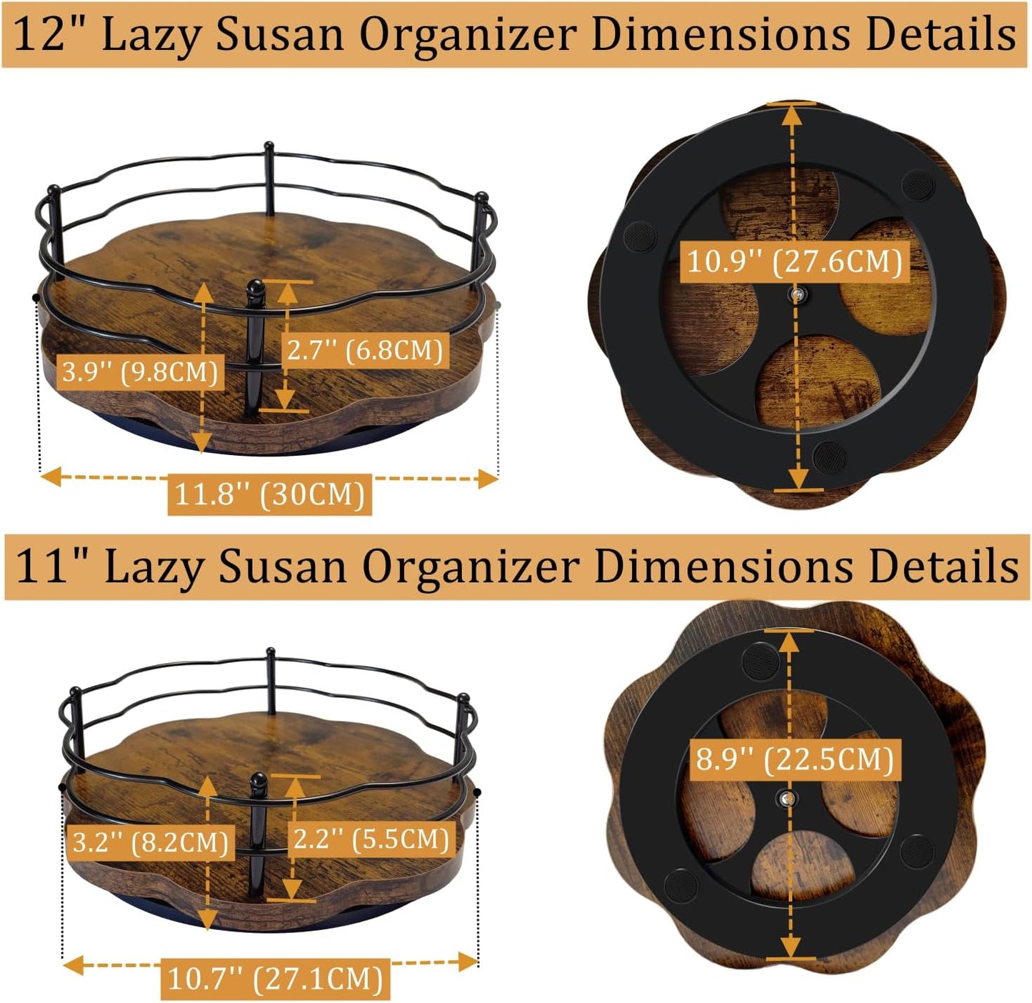 2 Pack, 11" & 12" Wooden Lazy Susan Turntable with Higher Metal Sides, 360° Rotating Lazy Susan
