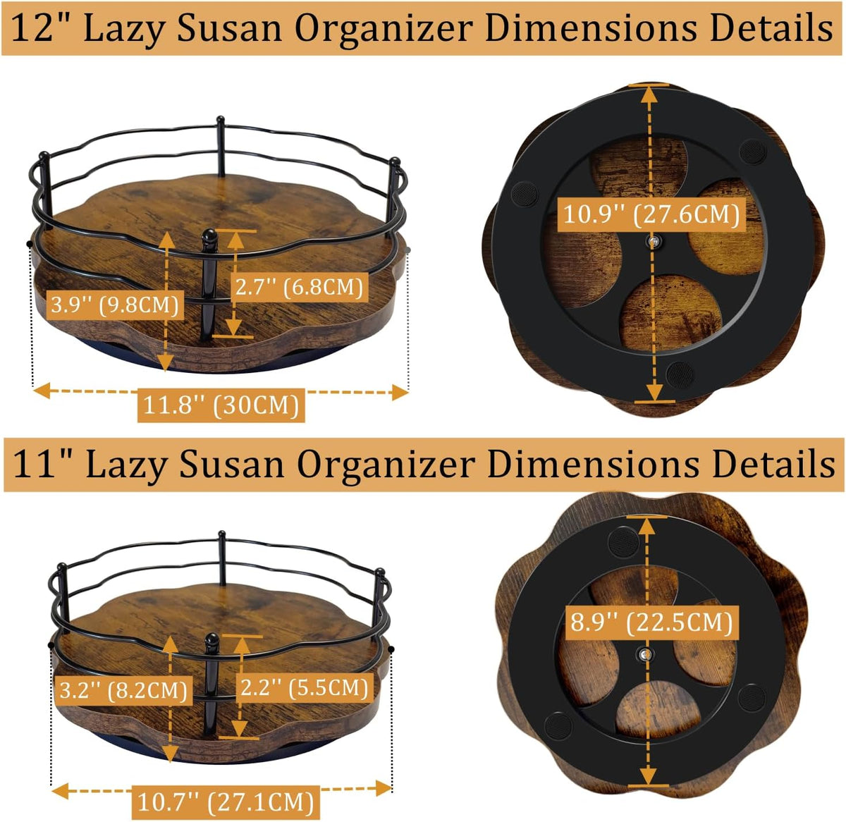 2 Pack, 11" & 12" Wooden Lazy Susan Turntable with Higher Metal Sides, 360° Rotating Lazy Susan