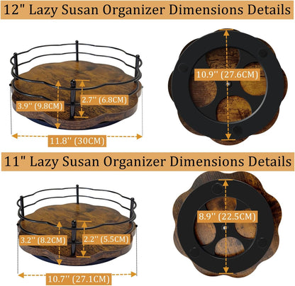 2 Pack, 11" & 12" Wooden Lazy Susan Turntable with Higher Metal Sides, 360° Rotating Lazy Susan