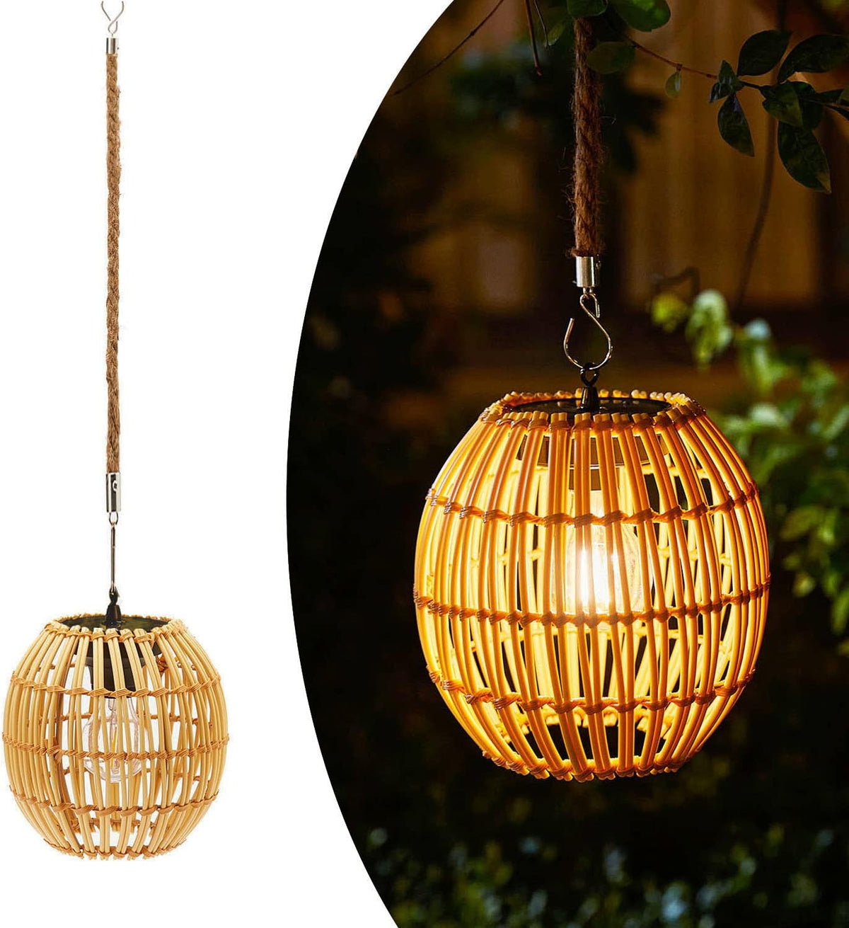Livinlarge Hanging Solar Lantern Outdoor Waterproof, Large Solar Rattan Lantern Outdoor with Twine