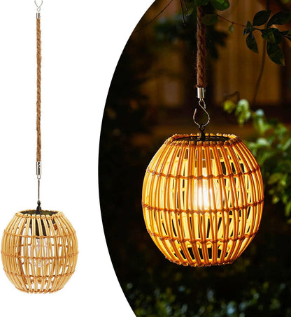Livinlarge Hanging Solar Lantern Outdoor Waterproof, Large Solar Rattan Lantern Outdoor with Twine