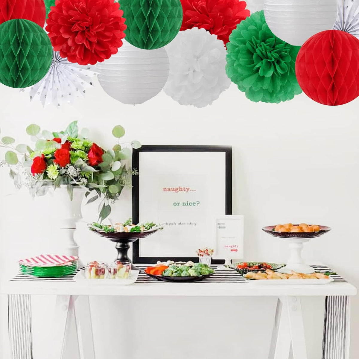 Red-Green White Party Decorations - 14pcs Winter Birthday New Year Paper Lanterns Fan,Italian