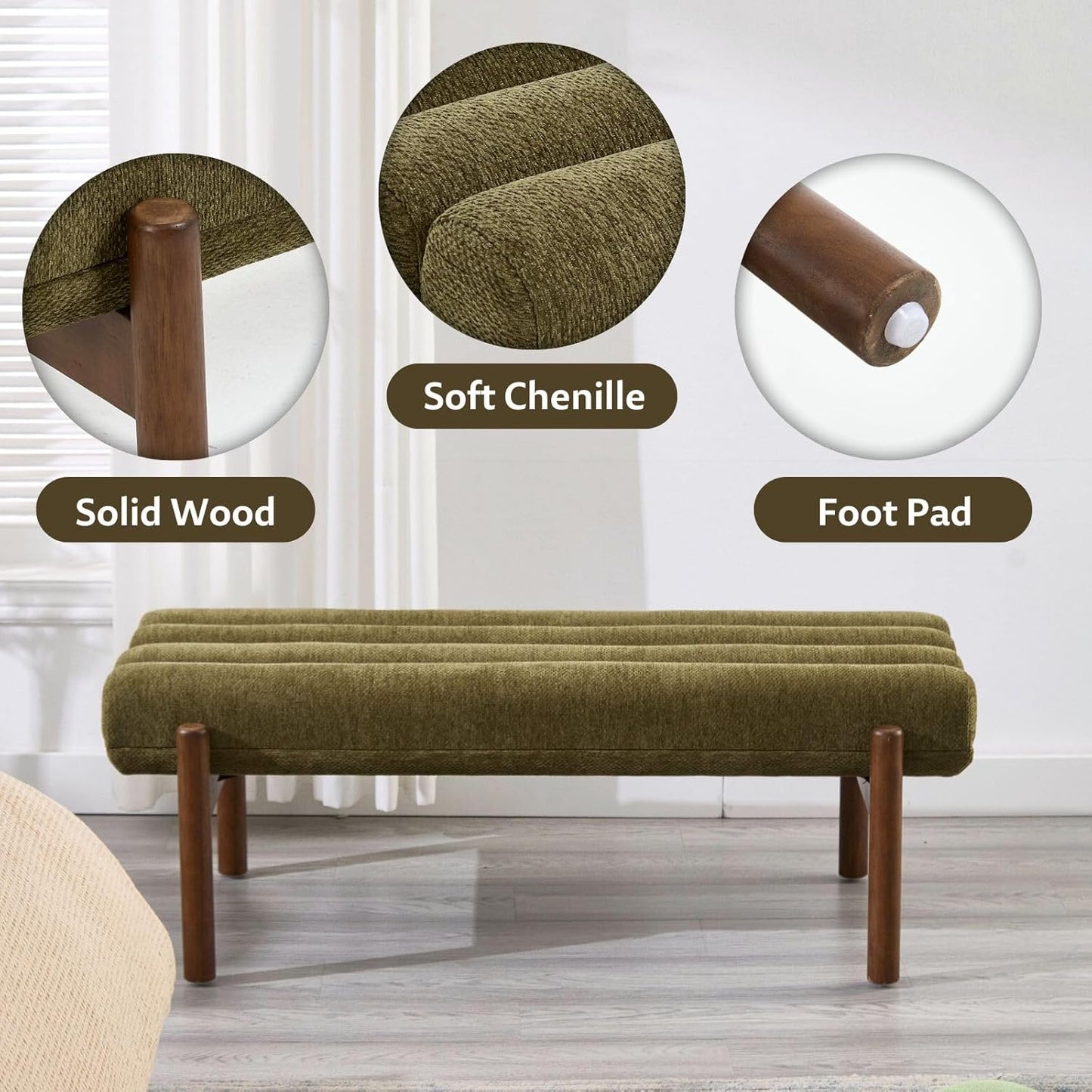 Green Upholstered Bench Modern End of Bed Bench Chenille Fabric Bedroom Bench for Entryway Living