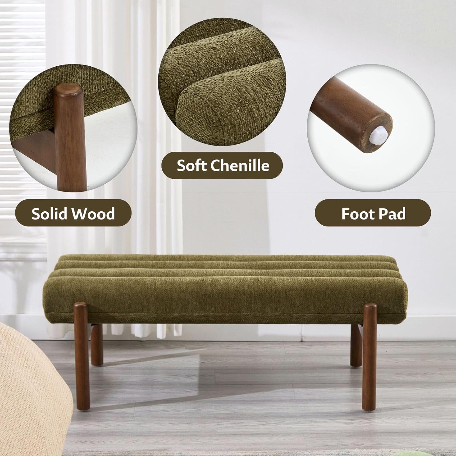 Green Upholstered Bench Modern End of Bed Bench Chenille Fabric Bedroom Bench for Entryway Living