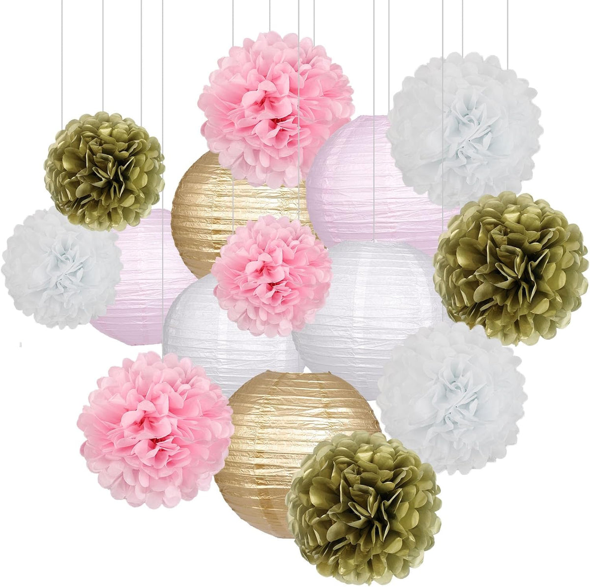 Pink Gold Party Decorations, Pink Gold Paper Lanterns and Pom Poms Flowers for Birthday Party Baby