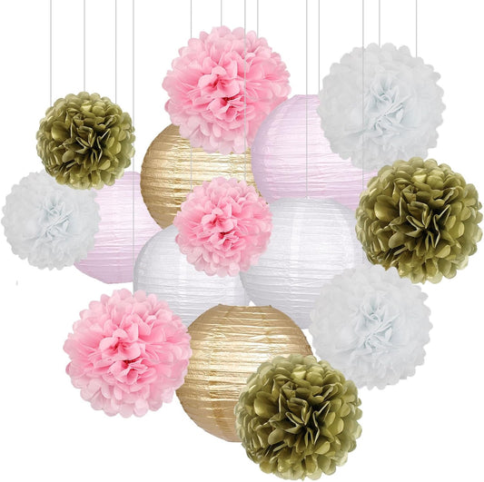 Pink Gold Party Decorations, Pink Gold Paper Lanterns and Pom Poms Flowers for Birthday Party Baby