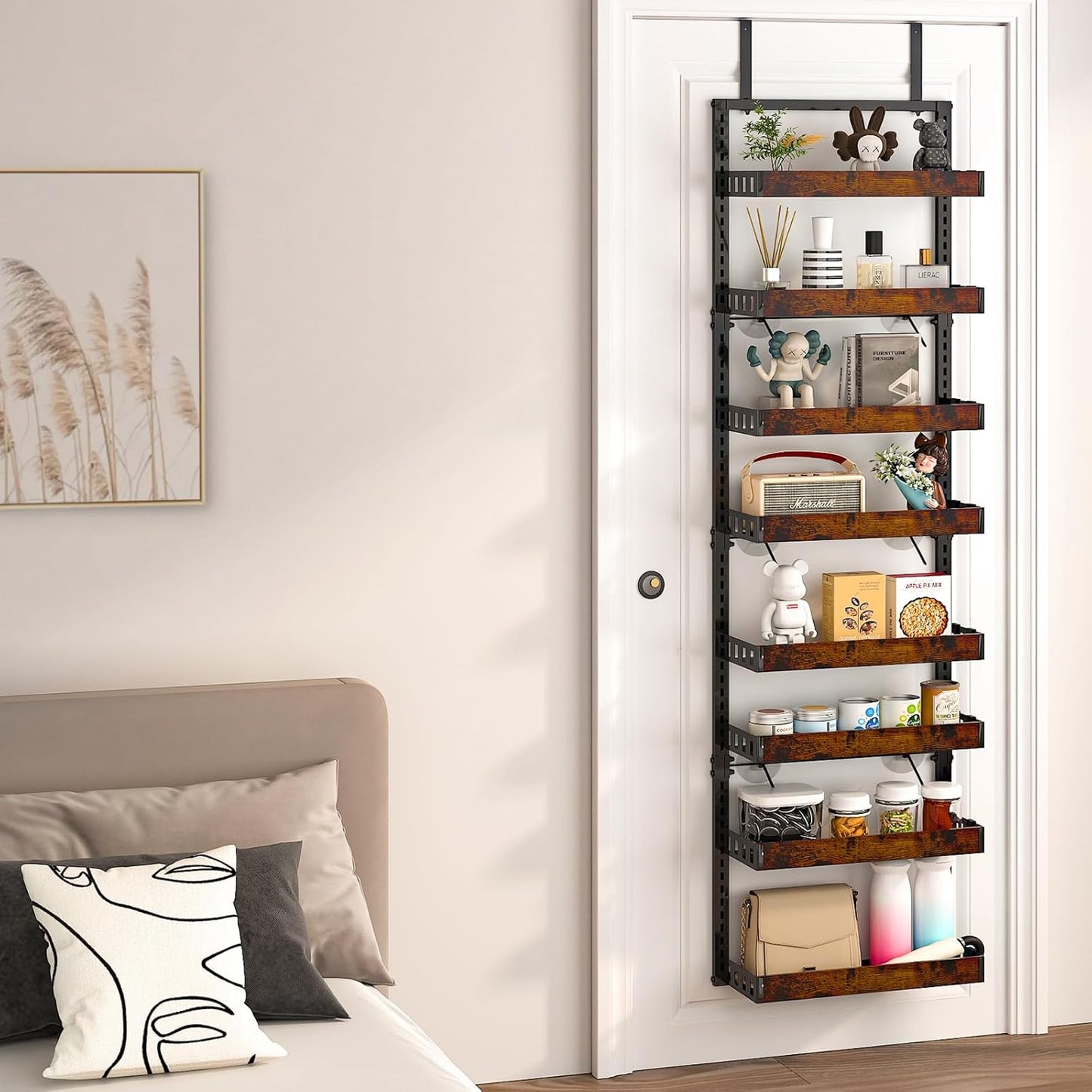 bukfen Over the Door Pantry Organizer, 8-Tier Adjustable Wooden Basket Kitchen Pantry Door