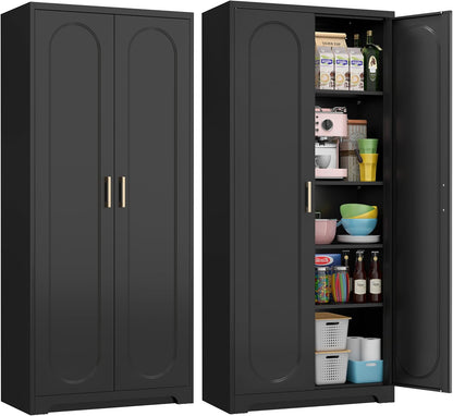 71" Tall Metal Pantry Cabinet with 4 Adjustable Shelves and Gold Handles Heavy-Duty Steel Storage