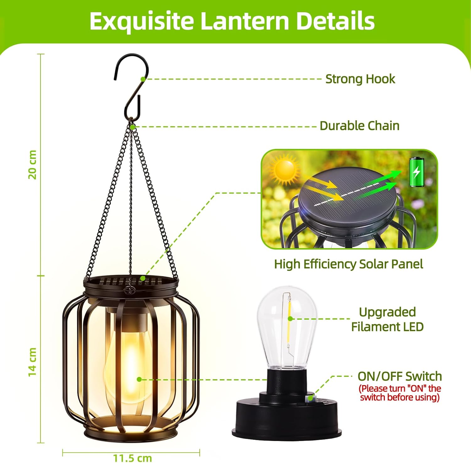 Solar Hanging Lanterns Outdoor Waterproof: 4 Pack Metal Solar-Powered Lights with Hook, Bright Warm