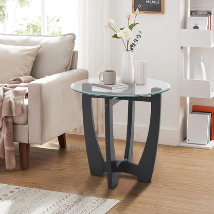 Glass End Table, 23.5" Round Side Tables with Tempered Glass Top Cross and Solid Wood Base Small