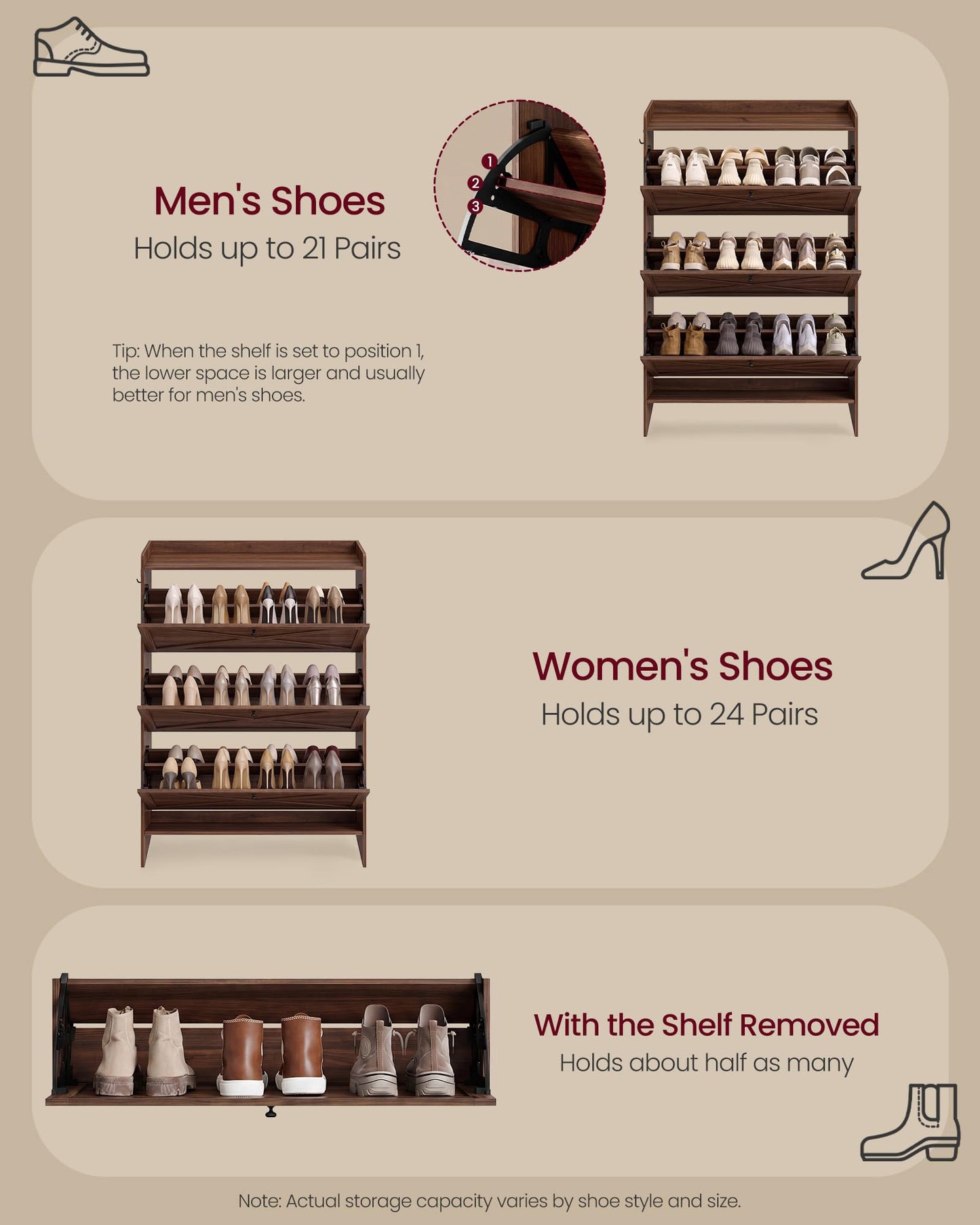 VASAGLE Shoe Storage Cabinet Organizer with 3 Flip Drawers, Freestanding Narrow Shoe Rack Cabinet