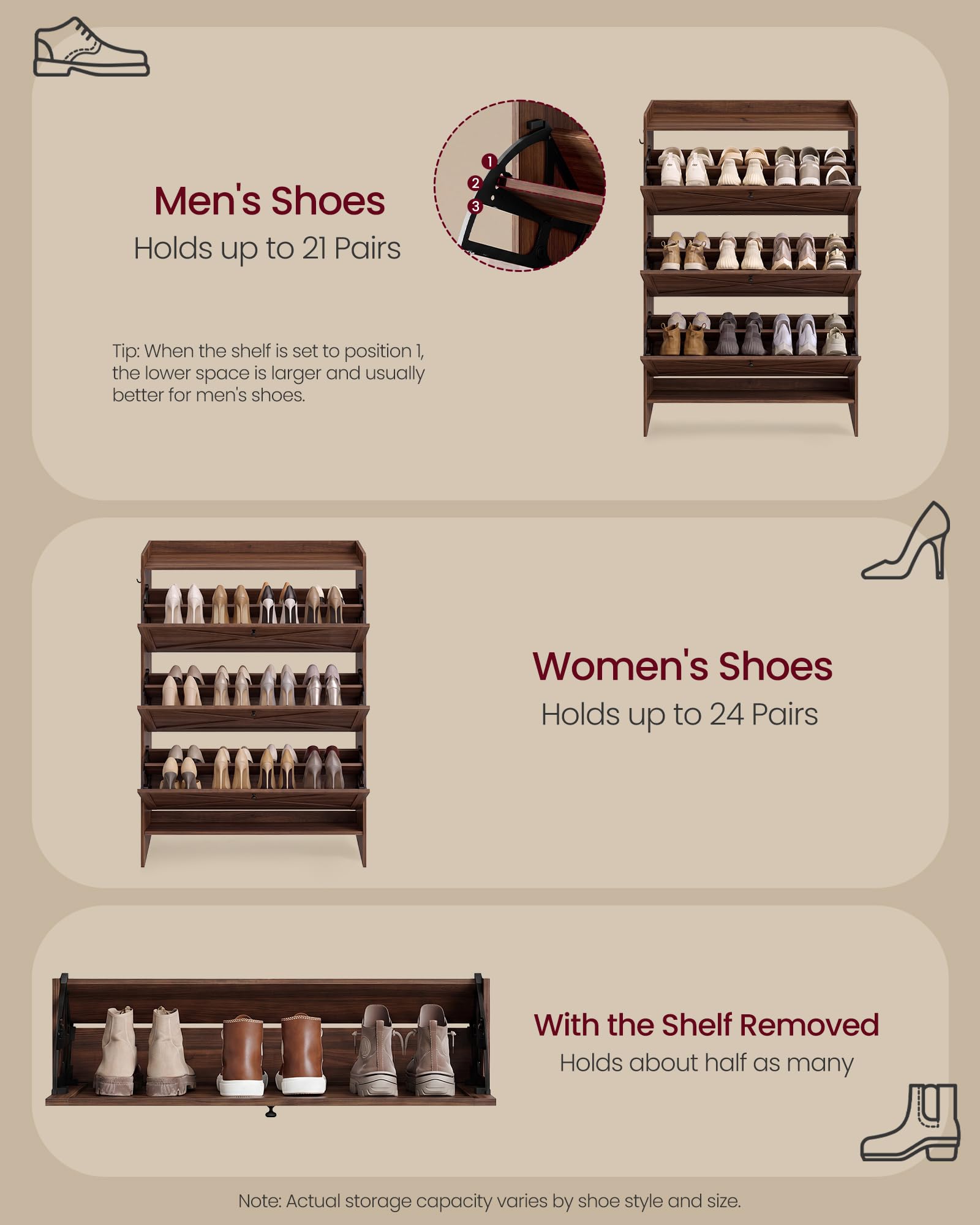 VASAGLE Shoe Storage Cabinet Organizer with 3 Flip Drawers, Freestanding Narrow Shoe Rack Cabinet