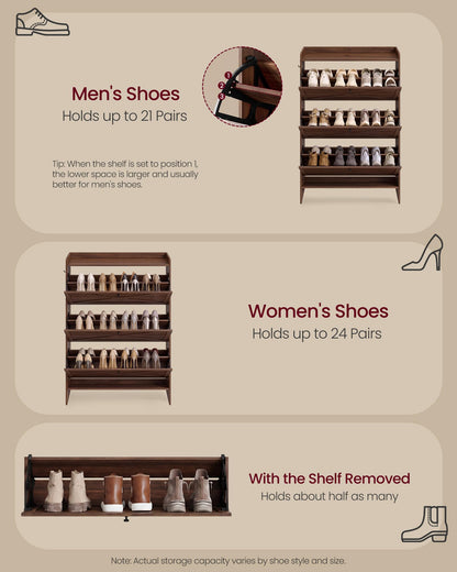 VASAGLE Shoe Storage Cabinet Organizer with 3 Flip Drawers, Freestanding Narrow Shoe Rack Cabinet